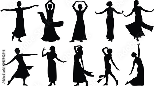 Female dance silhouettes set, elegant women performing graceful ballet contemporary dance poses vector isolated illustration collection