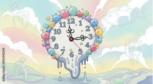 Melting clock surrounded by colorful balloons on transparent background