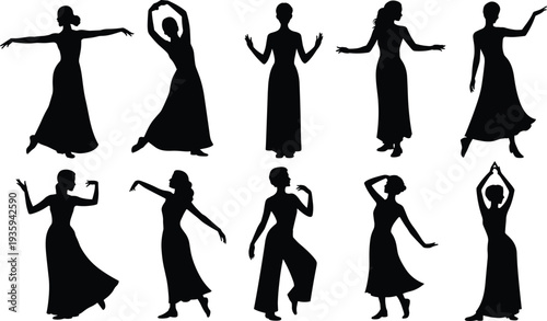 Elegant women dancing silhouettes set, female dance poses collection graceful movement performance vector isolated illustration bundle
