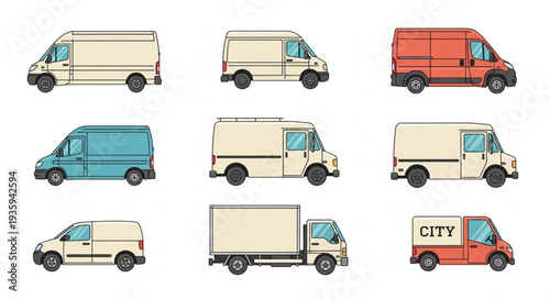 Collection of Various Delivery Vans and Trucks.