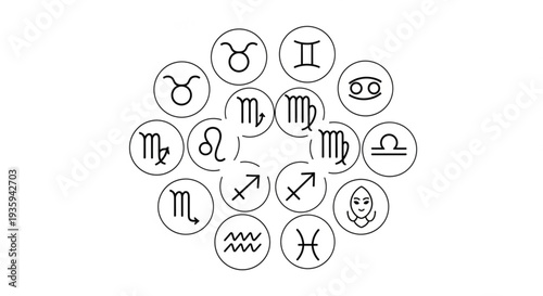 Collection of Zodiac Astrology Symbols Arranged in a Circle.