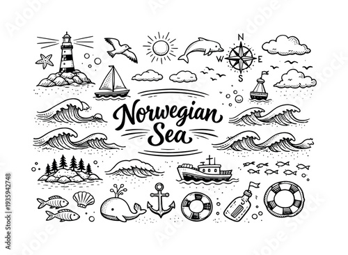 Calm Norwegian Sea waves, hand drawn doodle elements set, center hand-lettered title, black & white vector line art, bold clean