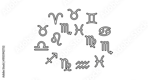 Collection of Zodiac Astrology Symbols Arranged in a Circle.
