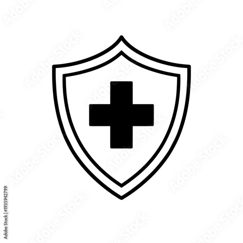 Free Download Black and white shield icon with a plus sign representing healthcare and protection ideal for medical apps and safety concepts - GFXLoad
