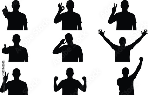 Man hand gesture silhouettes set, male showing ok victory thumbs up celebration vector isolated bundle
