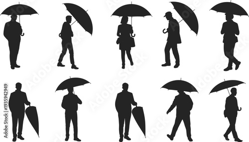 People with umbrella silhouettes set, walking standing rainy weather protection poses vector isolated bundle
