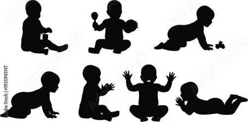 Baby silhouettes set, cute toddler playing sitting crawling clapping with toys collection vector isolated bundle