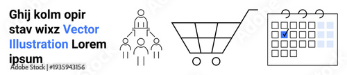 Business planning, online shopping, project management, teamwork structure, time management, e-commerce. Shopping cart, people hierarchy and calendar with marked date. E-commerce and business