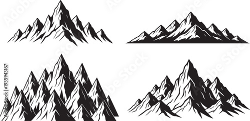 Black mountain line art collection. Editable vector illustration of mountain peaks and landscape outlines in clean black stroke style eps