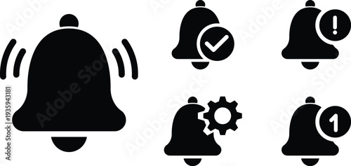 Notification bell icon set, Alert and reminder symbol collection, Ringing alarm message pack