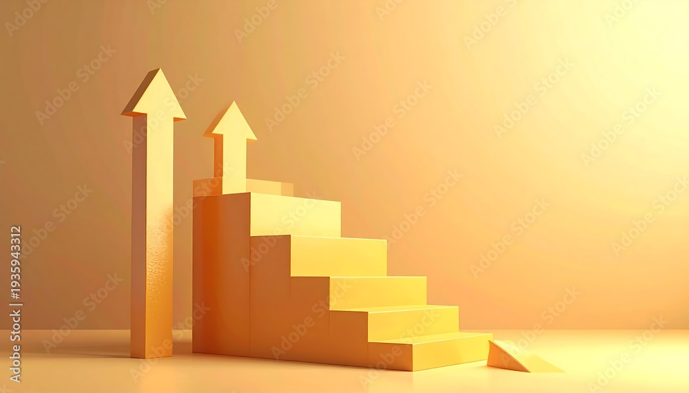 Fototapeta premium Rising staircase with upward arrows in warm gradient background, business growth and success concept