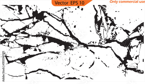 Vector illustration of a black and white grunge background. Wall cracks. Flat for instant color change. Fracture surface ground, cleft broken collapse illustration. 