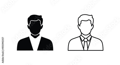 Set of 2 Male User Profile Icons Vector: Solid Black Silhouette and Outline Style for Business, Avatar, or Account Graphics