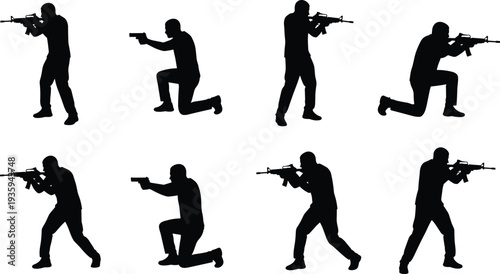 Armed shooter silhouettes set, tactical gun action poses soldier combat training vector isolated bundle