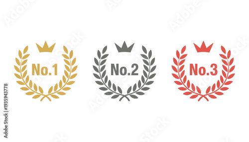 Three colorful laurel wreaths with crowns and numbers one, two, and three on a white background