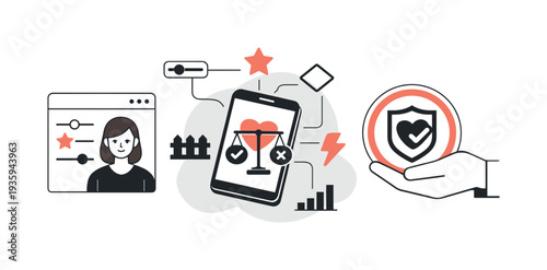 Modern minimal flat vector conceptual collage, crisp hard edges, consistent THIN outline stroke, rounded corners where needed,