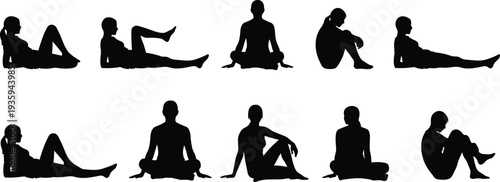 Woman sitting silhouettes set, female relaxed seated poses collection yoga meditation lifestyle vector isolated bundle