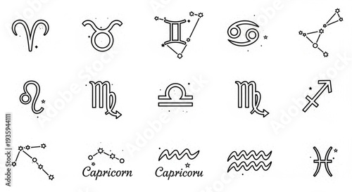 Collection of Zodiac Constellation Symbols and Astrology Signs.