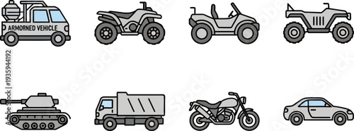 Military Off-Road Vehicle Game Icons Set Tank ATV Buggy Motorcycle Truck