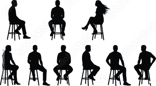 People sitting on stool silhouettes set, men and woman seated poses collection studio model vector isolated