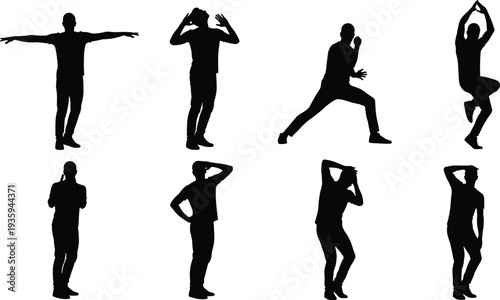 Man posing silhouettes set, male body gesture expressions collection standing poses people vector isolated bundle