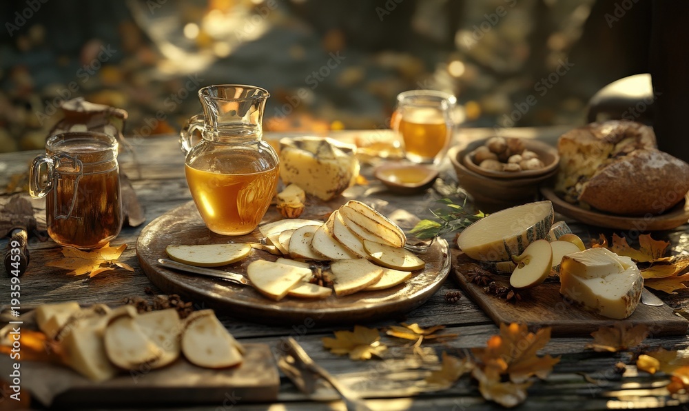 Fototapeta premium Rustic table set with spiced apple cider and fresh slices of cheese, surrounded by autumn leaves and illuminated by soft warm light 4k hyperrealistic photo