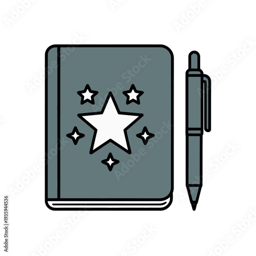 Mystical gray notebook adorned with a bright star sits next to a modern black writing pen.