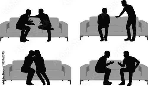 People talking on sofa silhouettes set, conversation discussion argument friendship meeting living room vector collection isolated