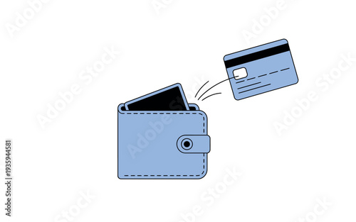 A blue credit card flying out of a wallet on a white background