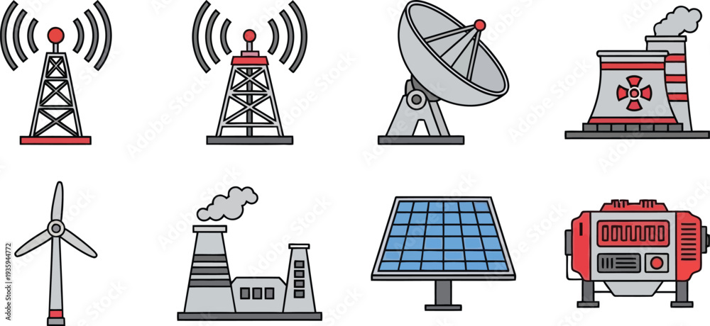 Fototapeta premium Energy Infrastructure Communication Tower Icons Set Nuclear Solar Wind Power Factory
