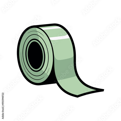 Roll of light green adhesive tape with an unraveling end rests against a white background.