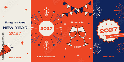 New Year 2027 Celebration Posters – Festive Fireworks, Cheers, Party Horn & Countdown Illustrations, Modern Holiday Promo Designs