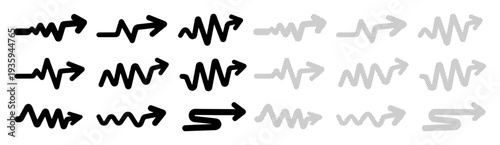 Wavy arrows in black and gray indicate direction, progress, and change.