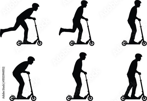 Electric scooter rider silhouettes set, kick scooter urban transport activity collection, young man riding e scooter vector