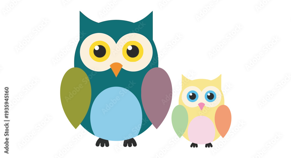 Fototapeta premium Colorful cartoon illustration of a large owl and a smaller owlet