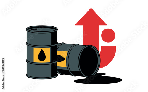 An illustration of oil barrels with a red arrow indicating rising oil prices
