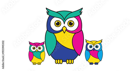Colorful cartoon owls a parent and two owlets in a playful scene