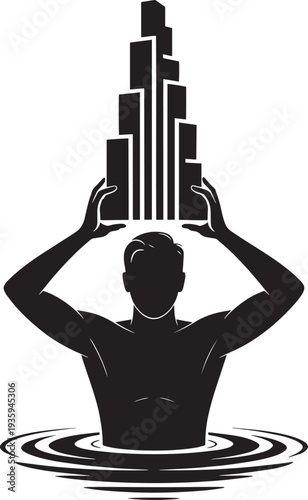 Abstract illustration of man emerging from water holding modern city buildings on head