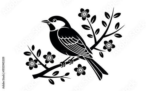 A black and white illustration of a bird perched on a flowering branch