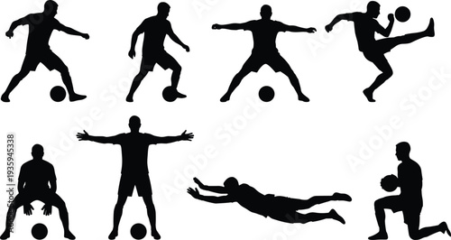 Soccer player silhouettes set, football action poses dribbling kicking diving goalkeeper celebration vector collection isolated
