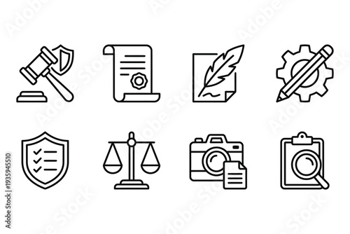 Legal and photography icons: gavel, scales of justice, camera, contract, clipboard, and shield.