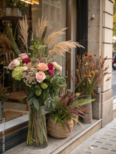 Raw and organic floral display in a glass vase featuring pampas grass roses and wild greenery in a woven basket on a minimalist boutique doorstep with natural textures