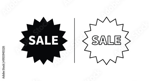 Black and white 'SALE' starburst vector icon set, perfect for e-commerce promotions, discount banners, and special offer marketing campaigns.