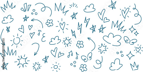 Hand Drawn Blue Doodle Elements Cute Hearts, Stars, Clouds, Lightning, Arrows and Abstract Sketch Icons Seamless Pattern Background for Creative Design