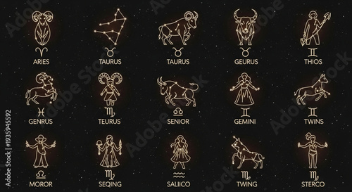 Collection of Zodiac Constellation Symbols and Astrology Signs.