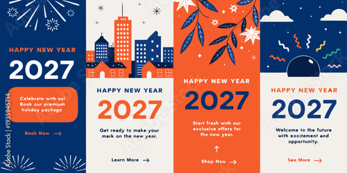 Happy New Year 2027 – Modern Colorful Promotional Designs for Posters, Ads, Offers, Holiday Packages & Event Marketing