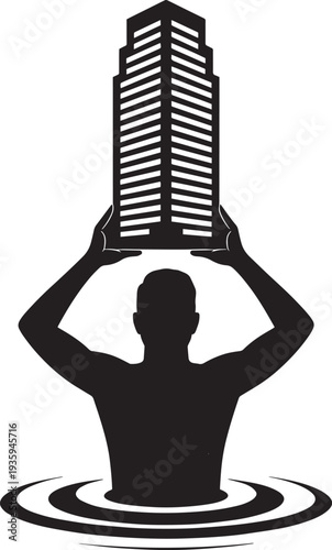 Black silhouette of person lifting modern office building above water surface icon design