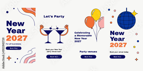 New Year 2027 Party Promotions – Modern Colorful Venue Booking Designs for Posters, Flyers, Ads & Event Marketing