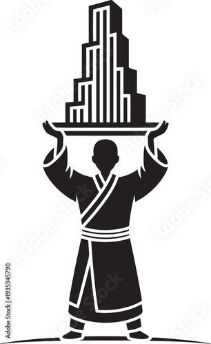 Chinese monk silhouette holding a building illustration with a transparent background