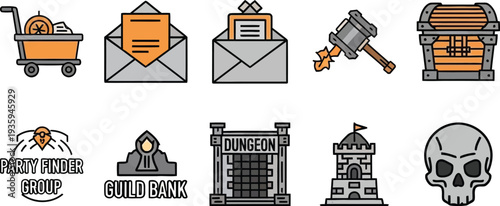 RPG Game UI Icons Set Dungeon Guild Bank Treasure Chest Castle Skull
